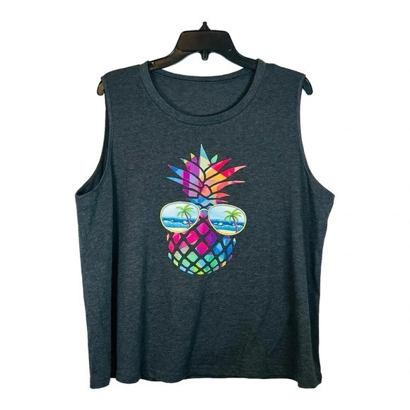 Tropical‎ Pineapple Beach Sunglasses Tank Top Gray Colorful Women Plus Size 2XL - Picture 1 of 6